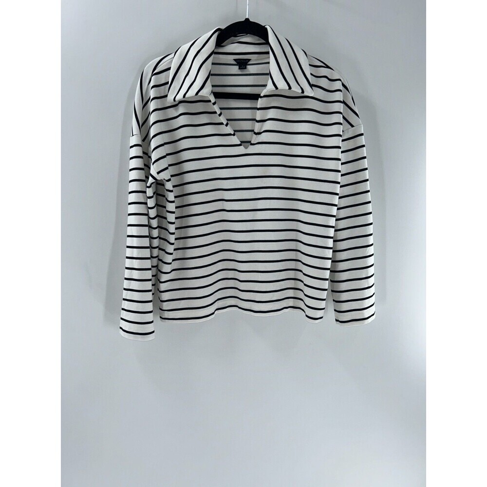 Women's Ann Taylor Black White Striped Collared V-neck Top Size M
